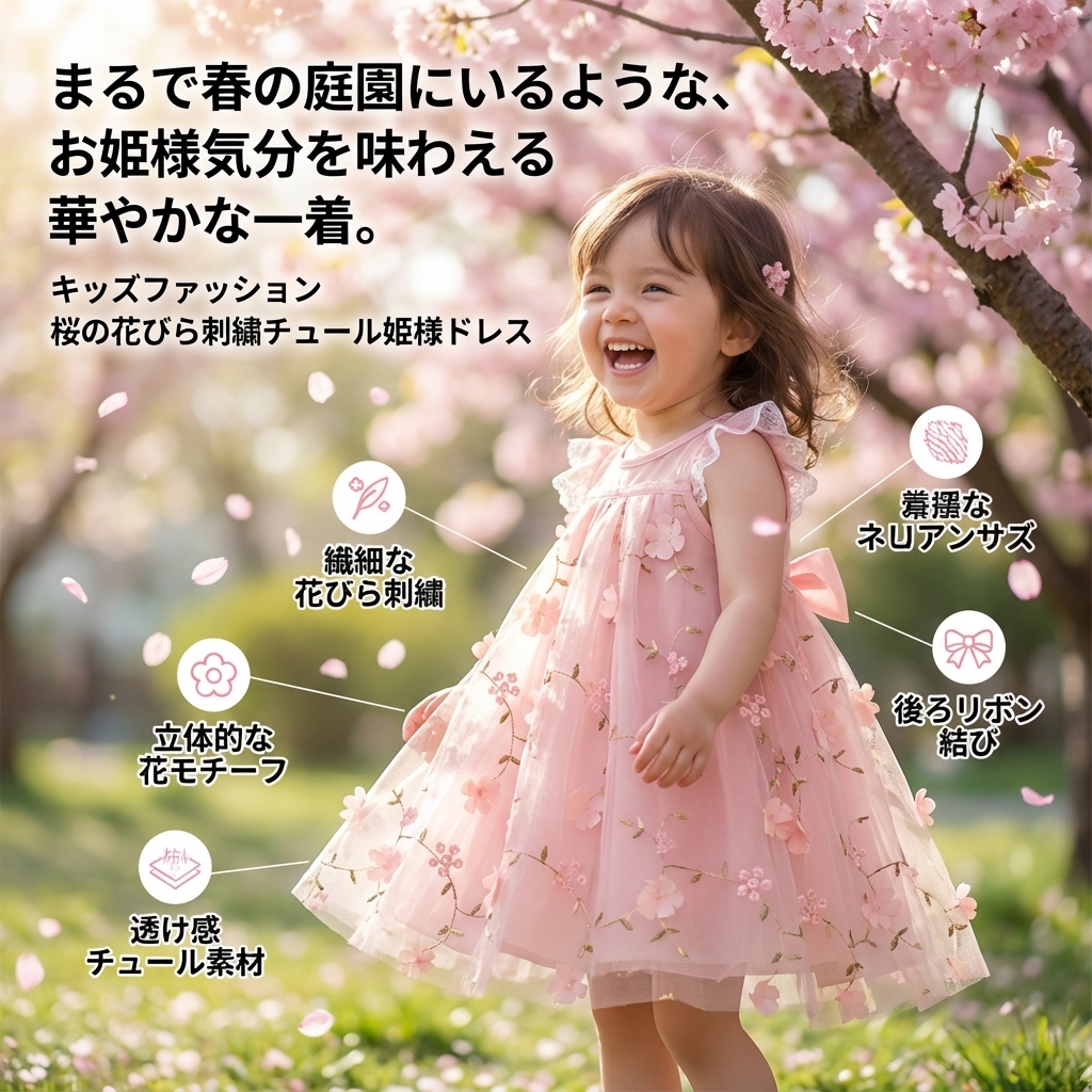 キッズファッション 桜の花びら刺繍チュール姫様ドレス - 商品イメージ