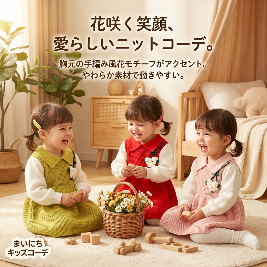 キッズファッション 花モチーフ付きニットジャンパースカート - 商品イメージ