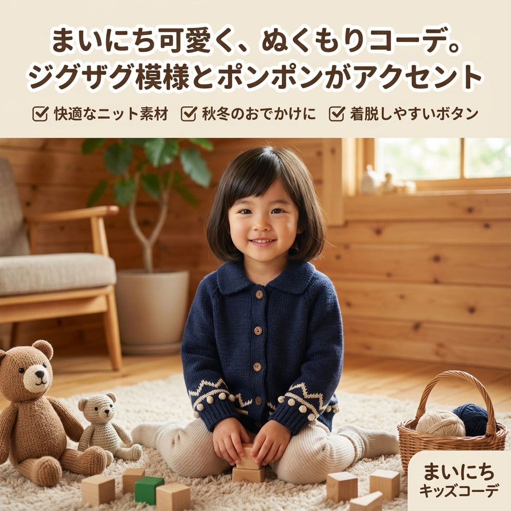 キッズファッション ジグザグ模様とポンポン飾り付き丸襟ニットカーディガン - 商品イメージ