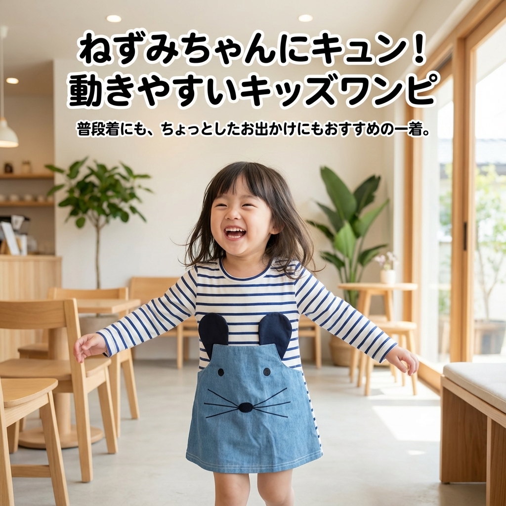 キッズファッション ねずみちゃんアップリケボーダー長袖ワンピース - 商品イメージ