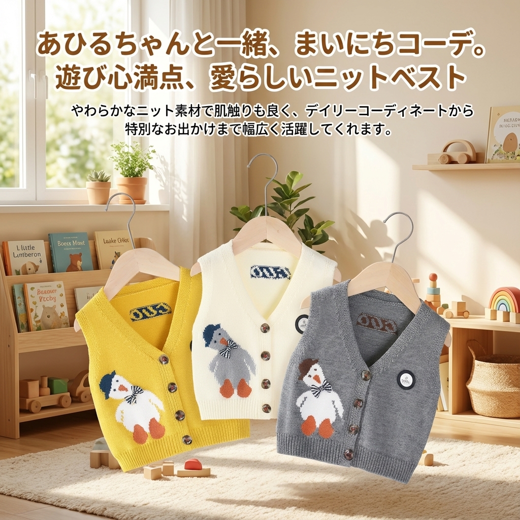 キッズファッション あひるちゃん刺繍のかわいいニットベスト - 商品イメージ