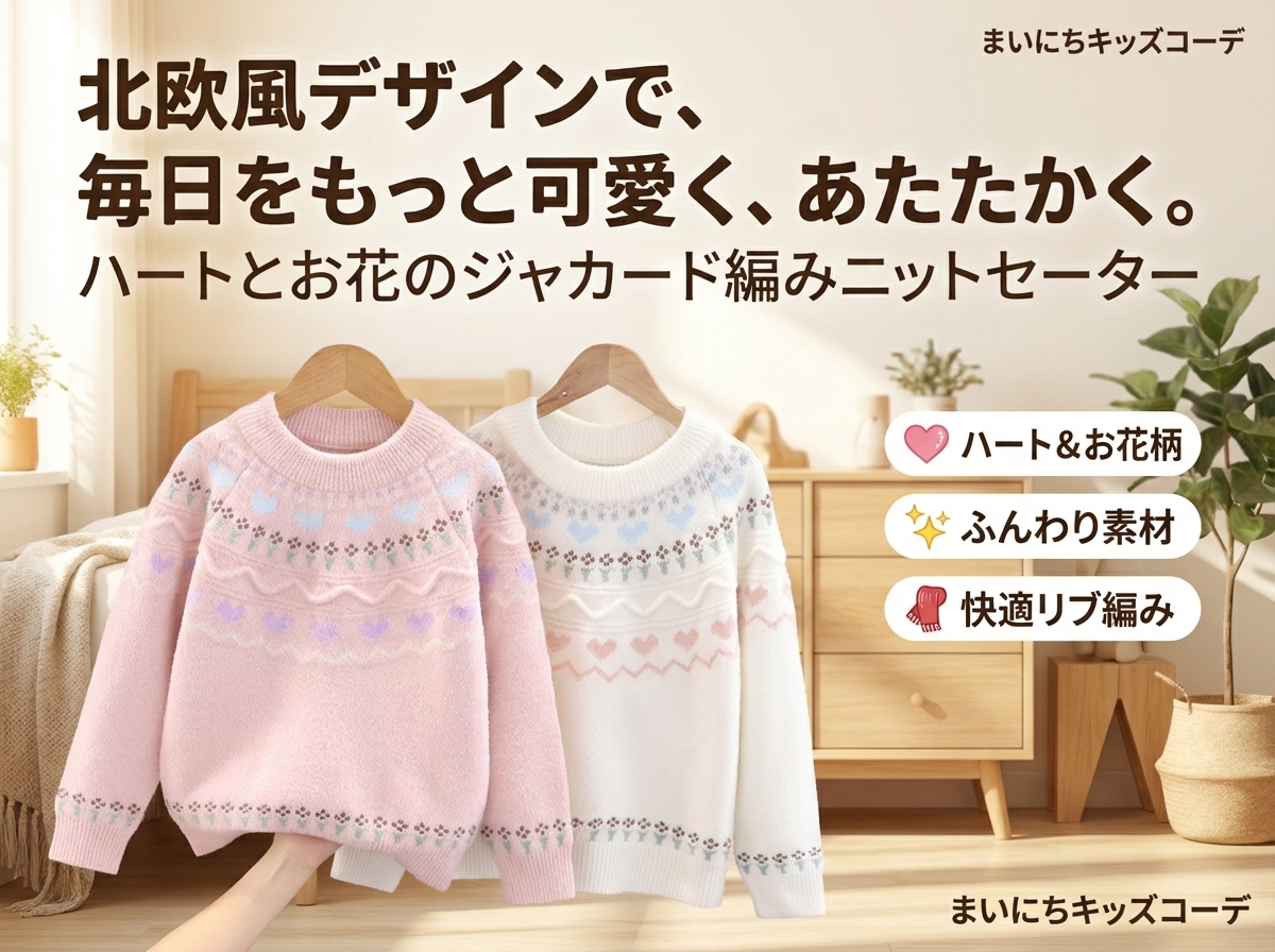 キッズファッション ハートとお花の北欧風柄編みセーター - 商品イメージ