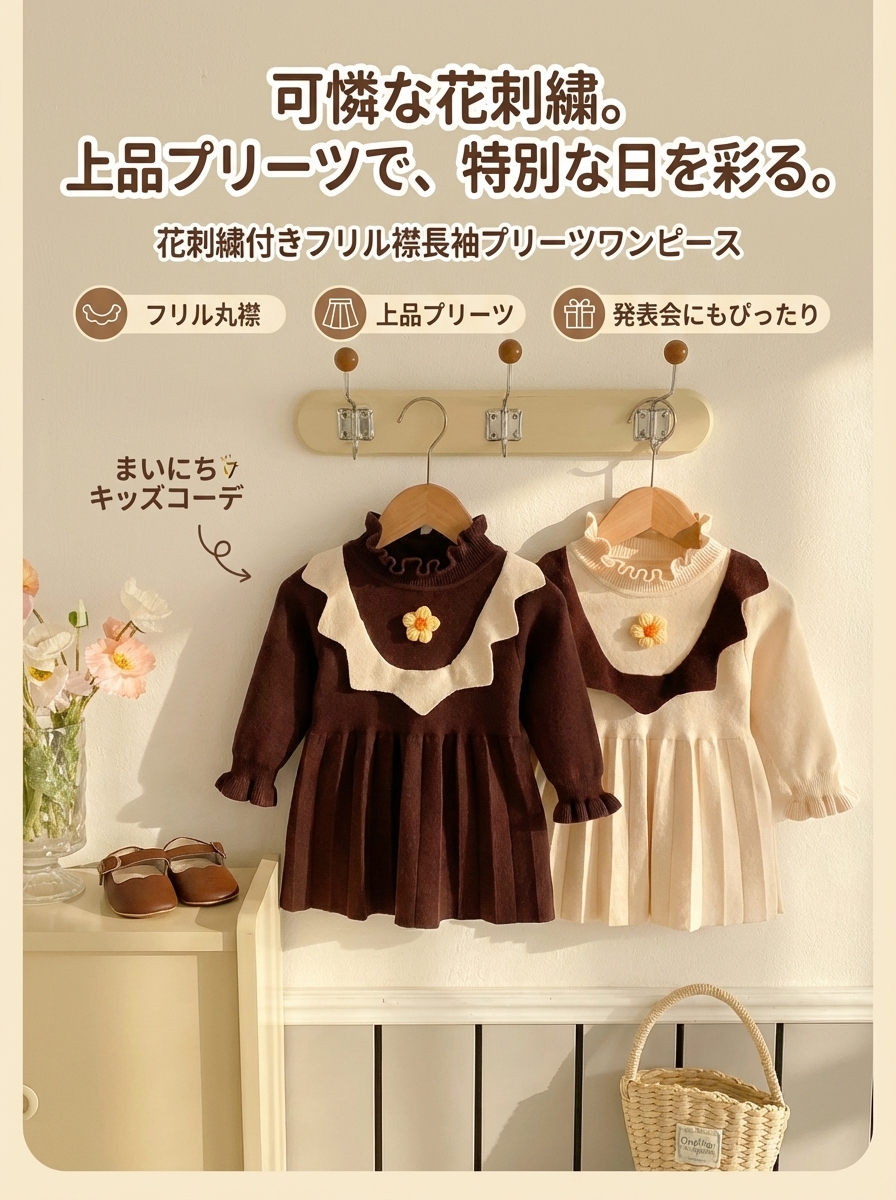 キッズファッション 花刺繍付きフリル襟長袖プリーツワンピース - 商品イメージ