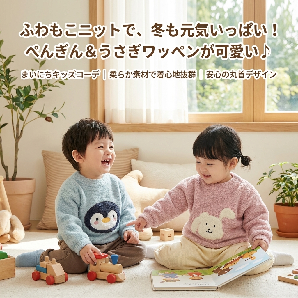 キッズファッション ぺんぎんワッペン付きふわもこ長袖ニットトップス - 商品イメージ