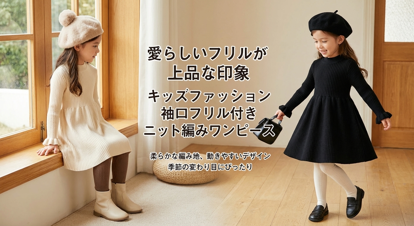 キッズファッション 袖口フリル付きニット編みワンピース - 商品イメージ