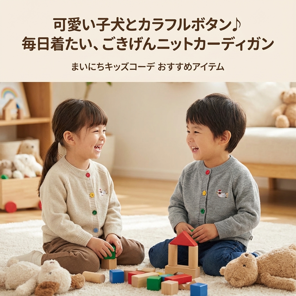 キッズファッション 子犬刺繍レインボーボタンニットカーディガン - 商品イメージ