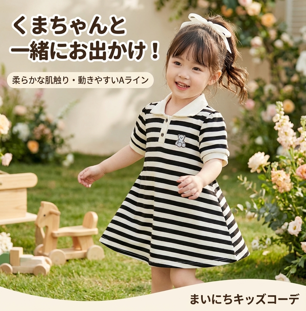 キッズファッション くまちゃん刺繍入りボーダー襟付きワンピース - 商品イメージ