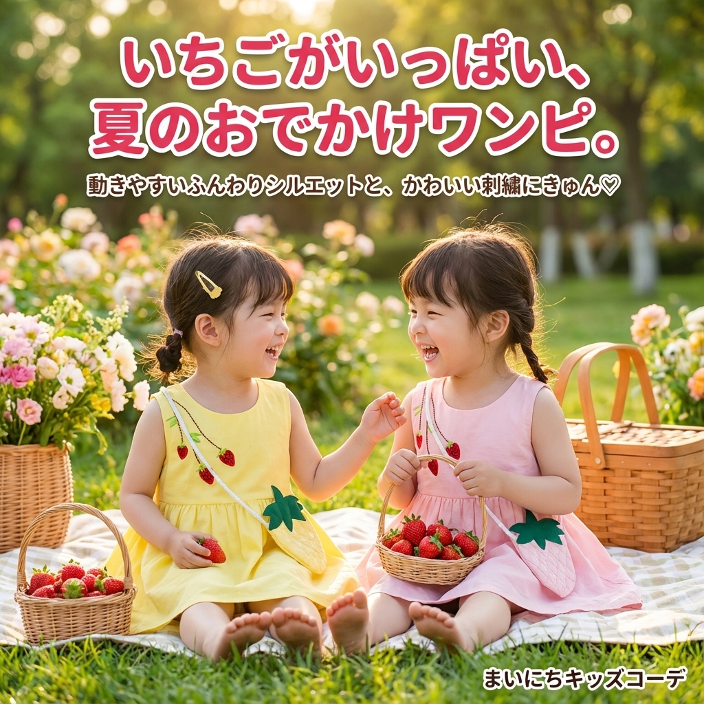 キッズファッション 苺柄ふんわりスリーブレスワンピース - 商品イメージ