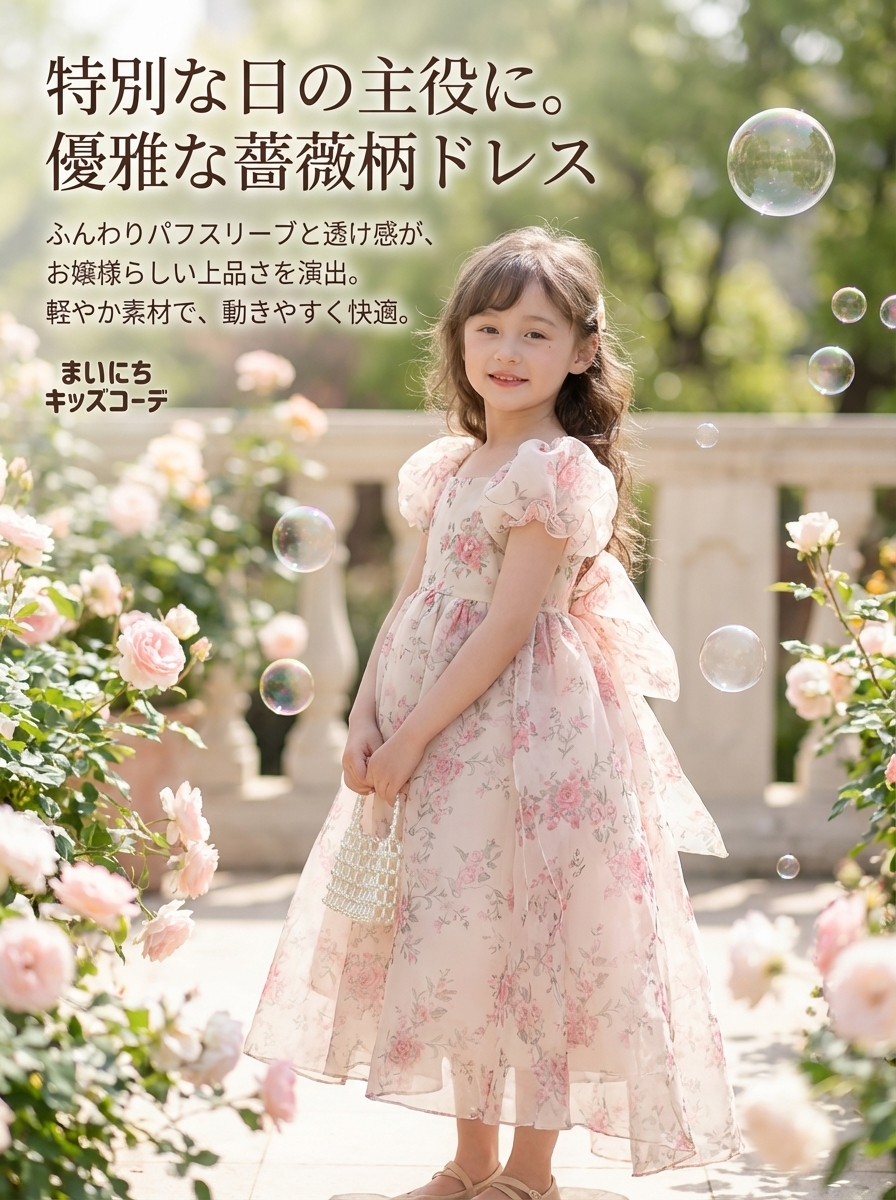 キッズファッション 薔薇柄パフスリーブロングドレス - 商品イメージ