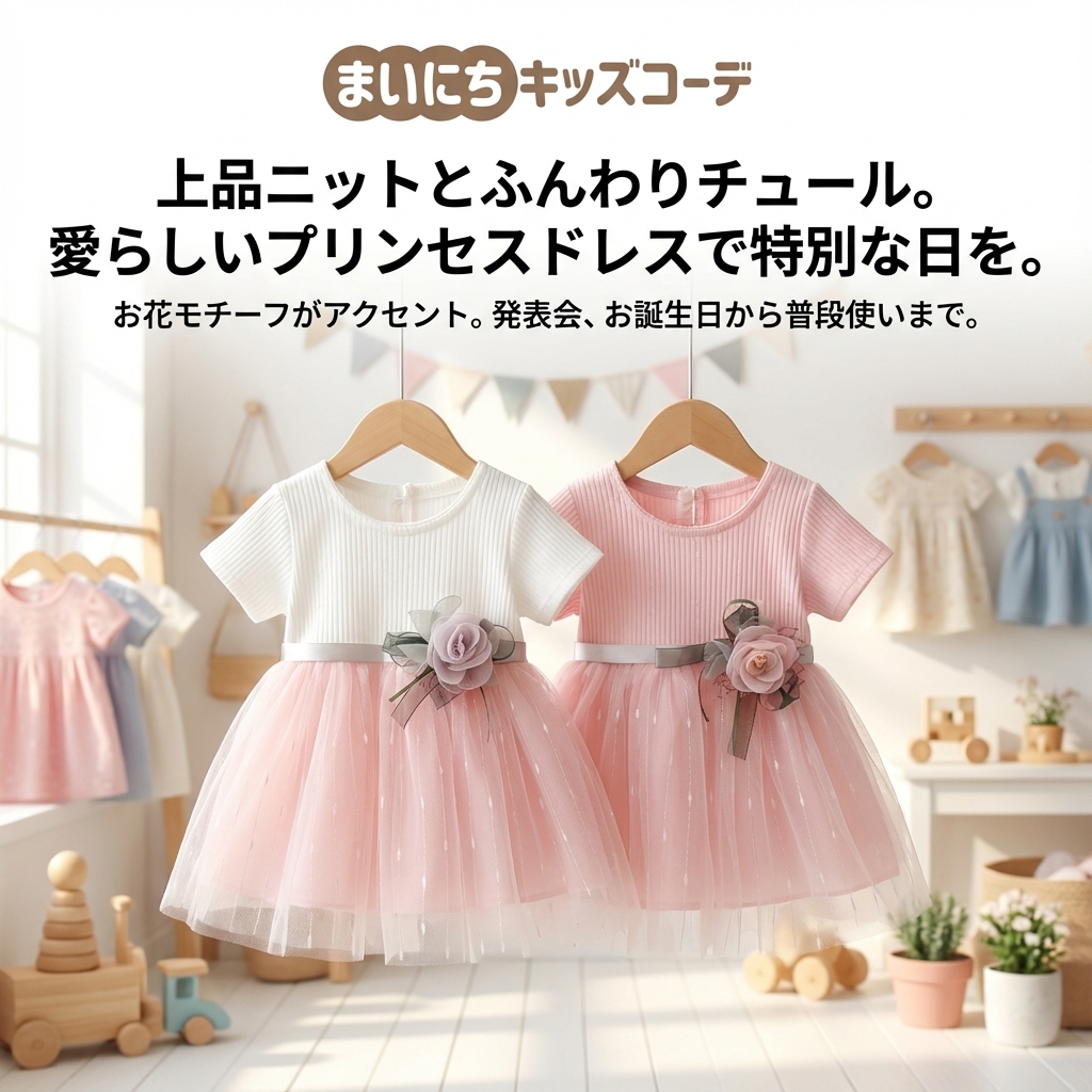 キッズファッション お花のリボン付きチュールプリンセスドレス - 商品イメージ