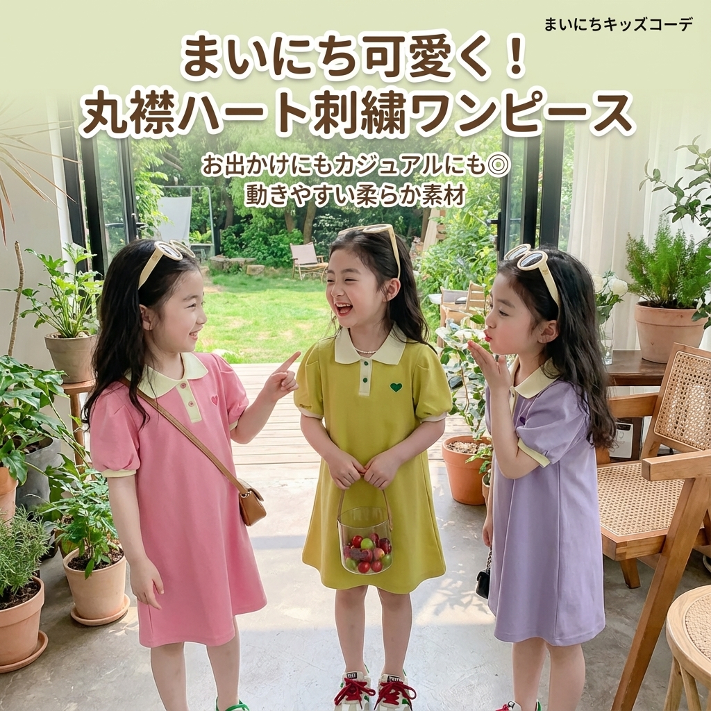キッズファッション 丸襟ハート刺繍半袖ワンピース - 商品イメージ