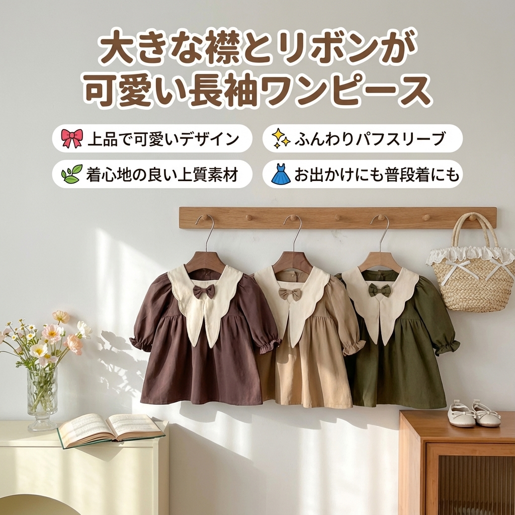 キッズファッション 大きな襟とリボンが可愛い長袖ワンピース - 商品イメージ
