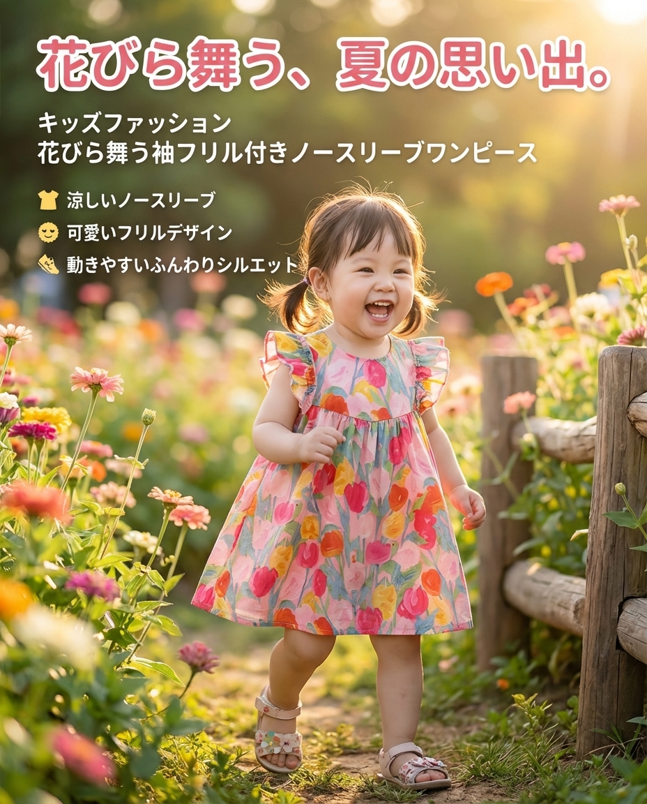 キッズファッション 花びら舞う袖フリル付きノースリーブワンピース - 商品イメージ
