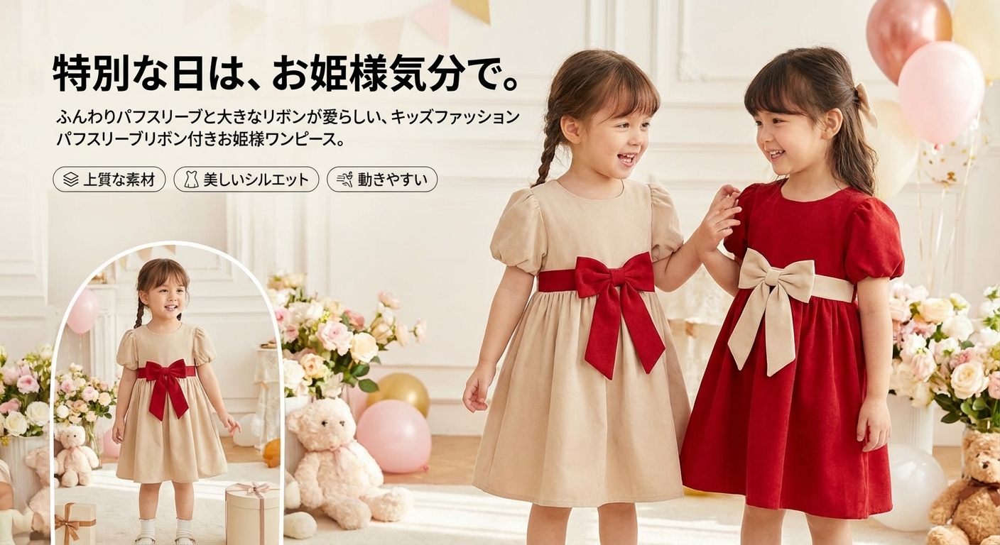 キッズファッション パフスリーブリボン付きお姫様ワンピース - 商品イメージ