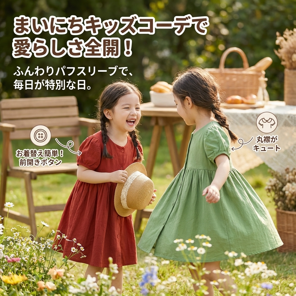 キッズファッション パフスリーブ前開きボタン付きふんわりワンピース - 商品イメージ