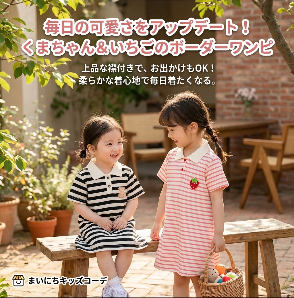 キッズファッション くまちゃんワンポイント付きボーダー襟付きワンピース - 商品イメージ