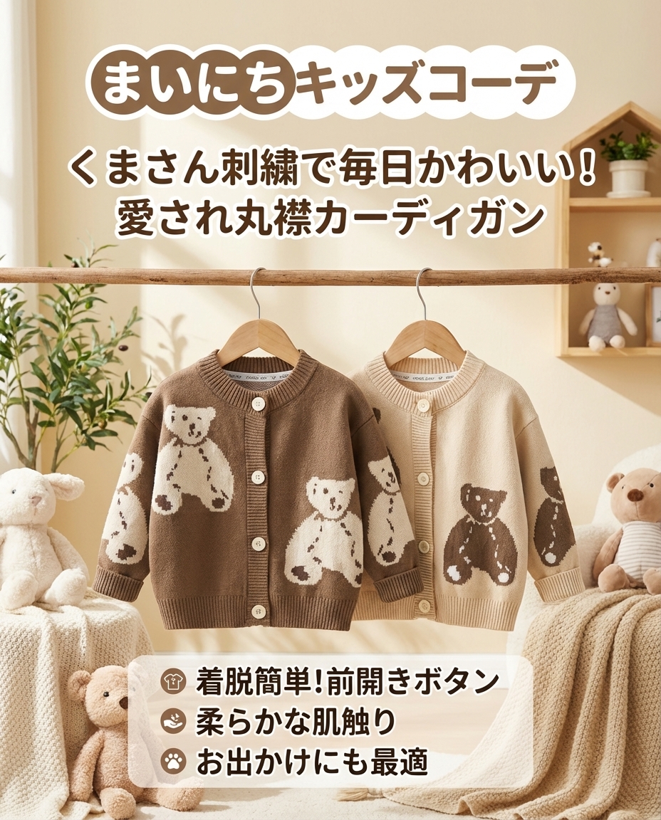 キッズファッション くまさん刺繍の可愛らしい丸襟カーディガン - 商品イメージ