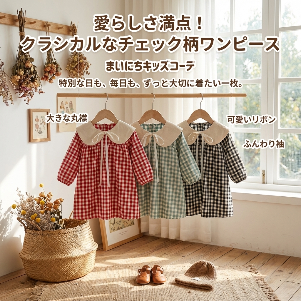キッズファッション 丸襟リボン付きギンガムチェック長袖ワンピース - 商品イメージ