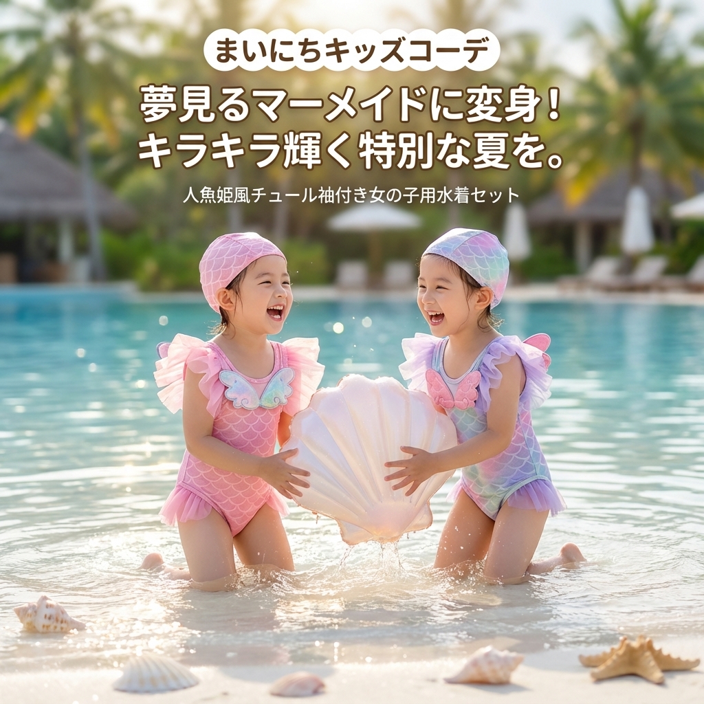 キッズファッション 人魚姫風チュール袖付き女の子用水着セット - 商品イメージ