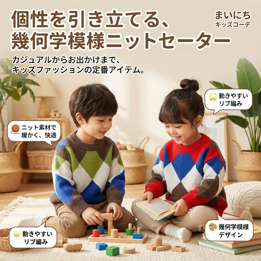 キッズファッション 幾何学模様のジグザグ編みこども用丸首長袖セーター - 商品イメージ