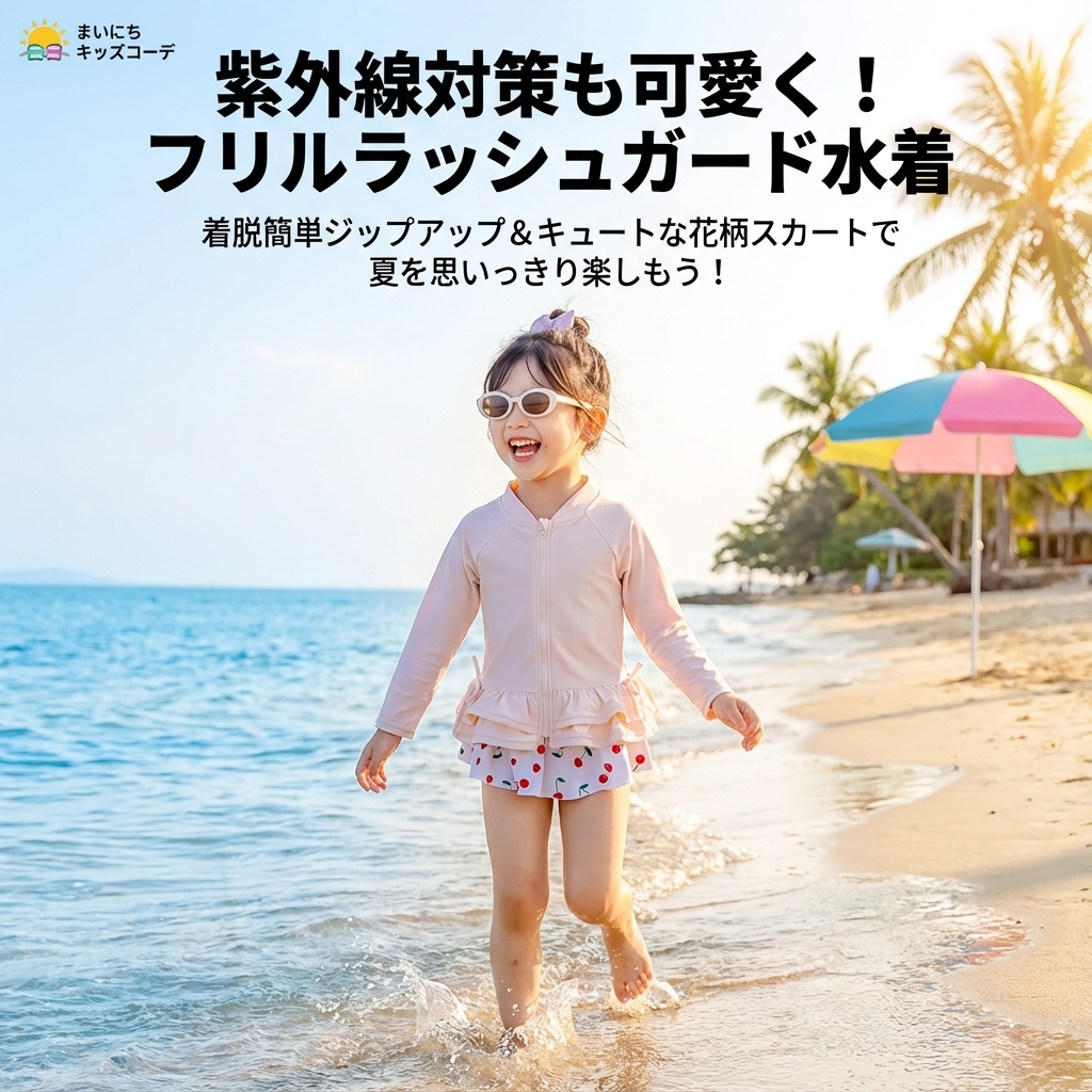 キッズファッション 長袖ラッシュガード付き花柄フリルスカート水着セット - 商品イメージ