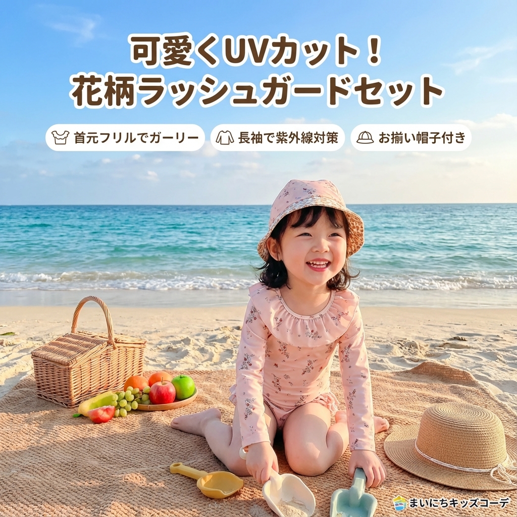 キッズファッション 花柄長袖ラッシュガード帽子付き水着セット - 商品イメージ