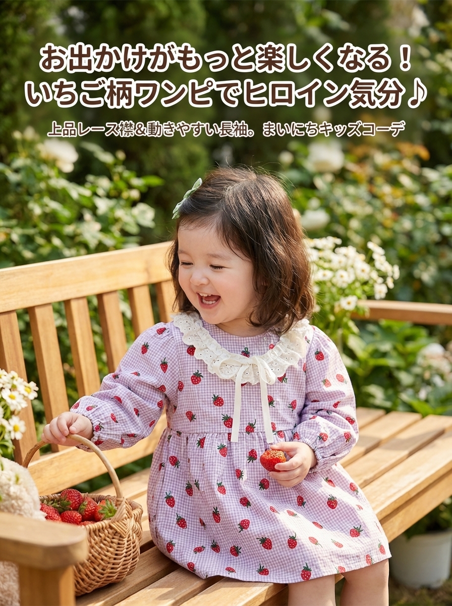 キッズファッション いちご柄レース襟付き長袖ワンピース - 商品イメージ