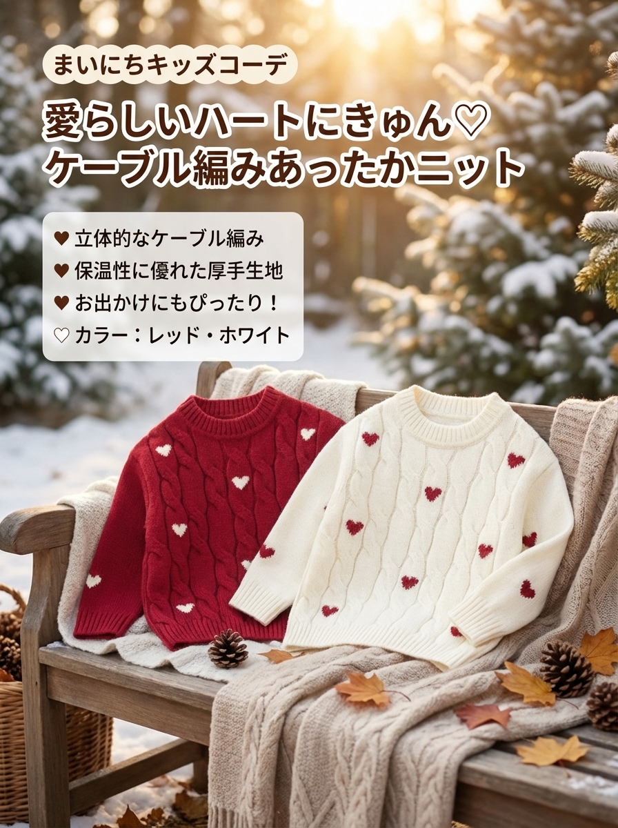 キッズファッション 可愛いハート柄ケーブル編み長袖セーター - 商品イメージ