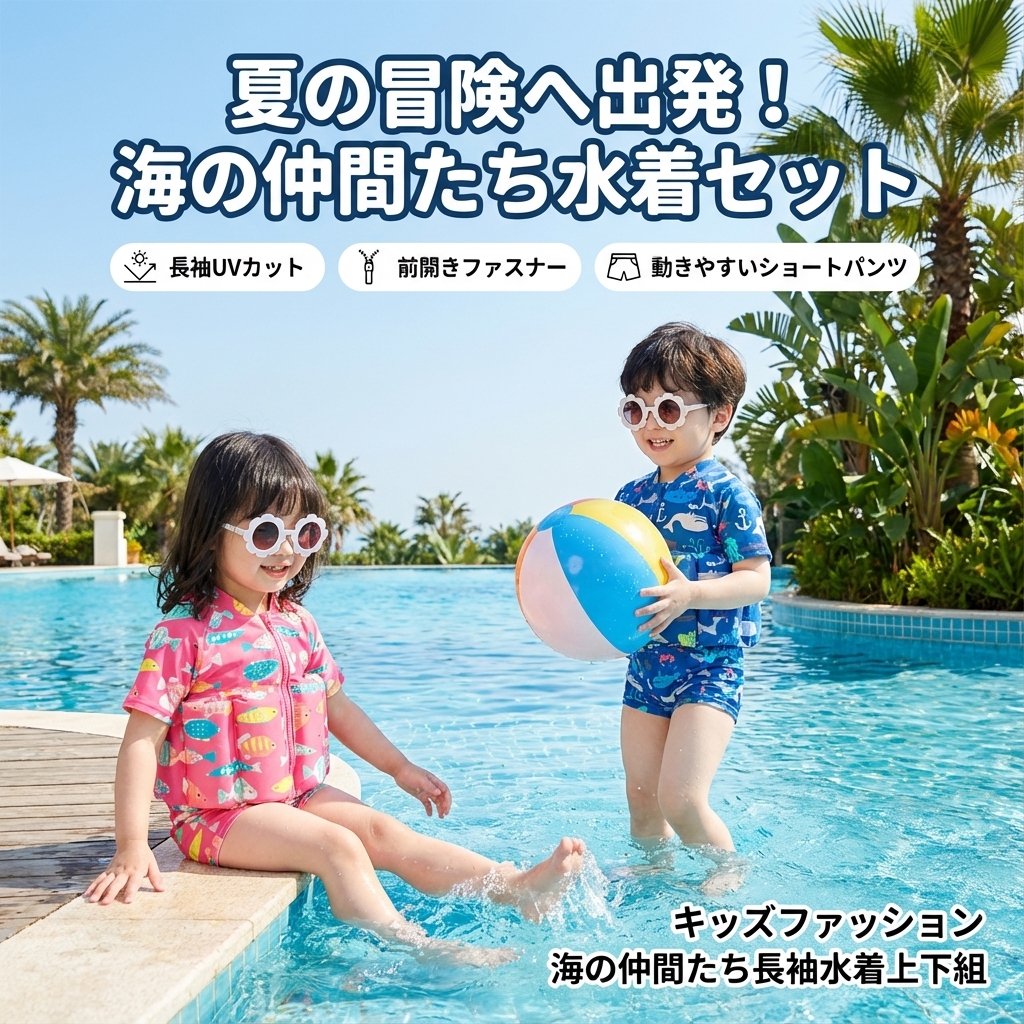 キッズファッション 海の仲間たち長袖水着上下組 - 商品イメージ