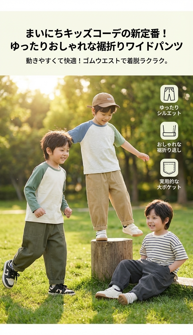 キッズファッション 子供用ゆったり裾折り返しワイドパンツ - 商品イメージ