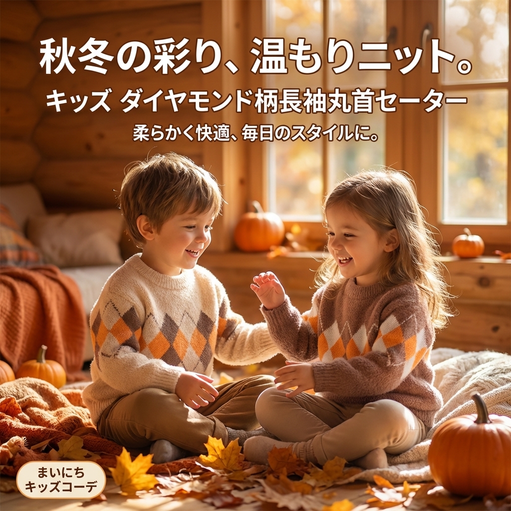 キッズファッション ダイヤモンド柄長袖丸首セーター - 商品イメージ