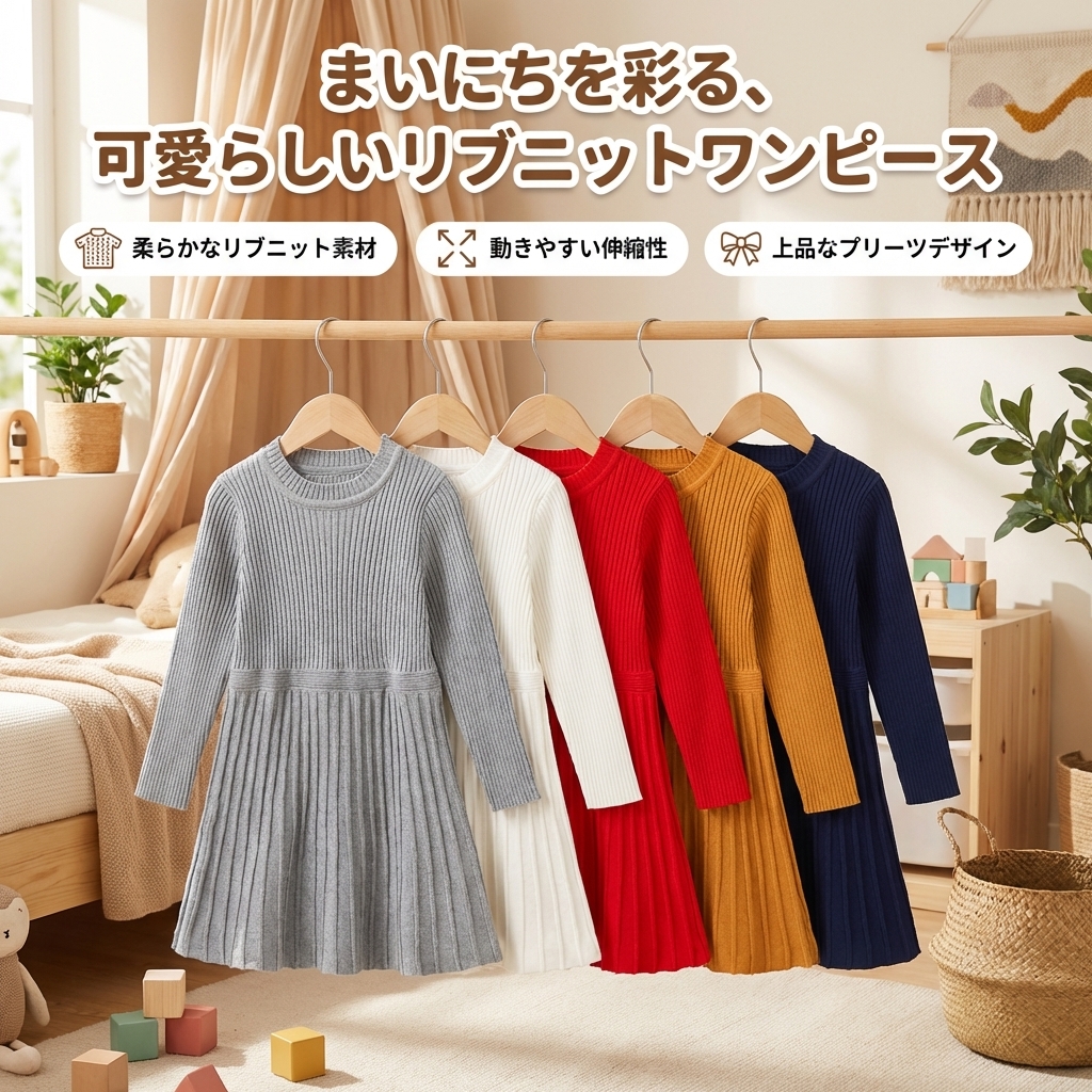キッズファッション 女の子用リブニット長袖プリーツワンピース - 商品イメージ