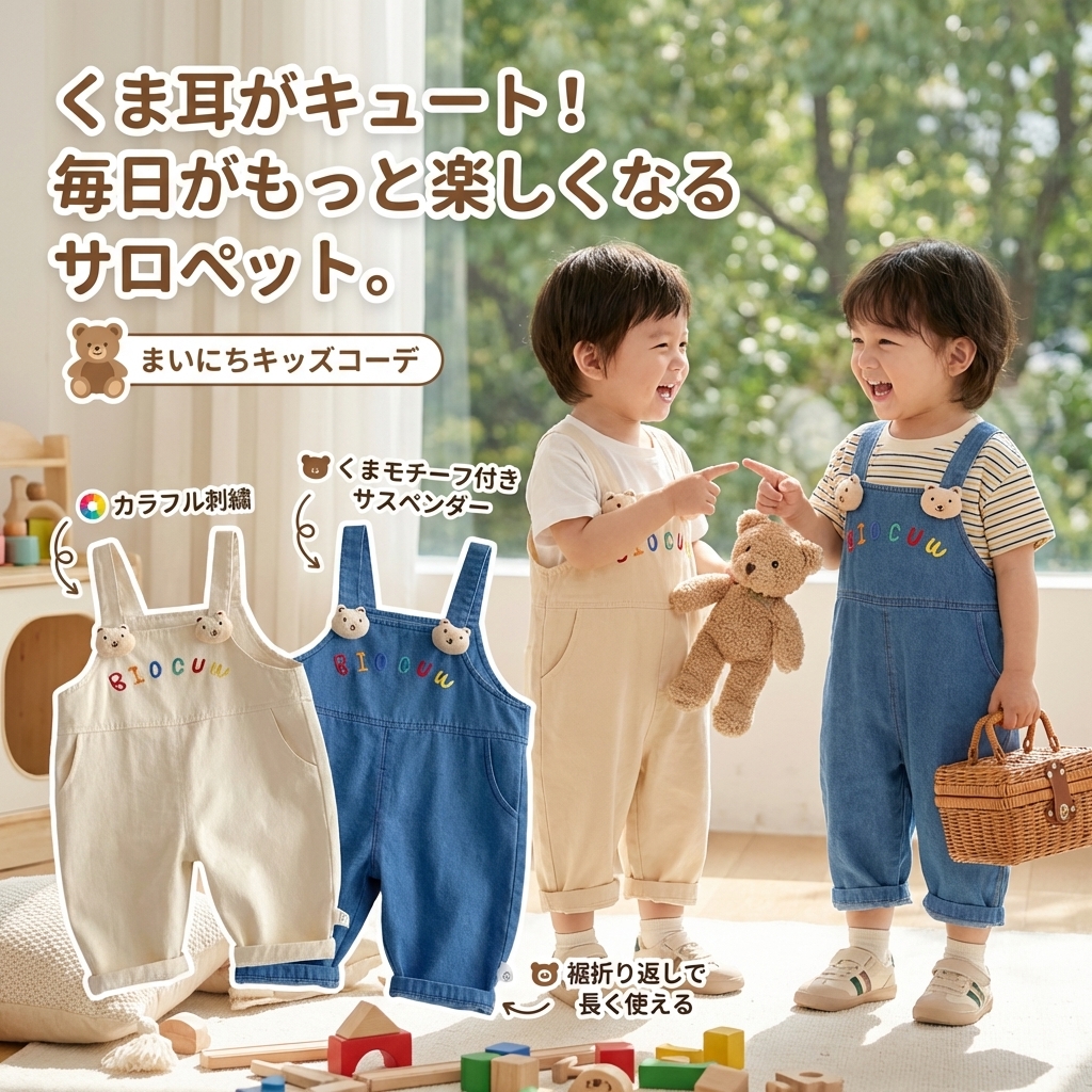 キッズファッション くま耳付きサロペットパンツ - 商品イメージ