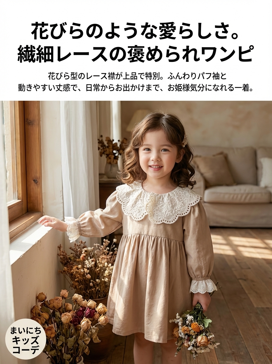 キッズファッション 花びら襟レース付きふんわり袖ワンピース - 商品イメージ