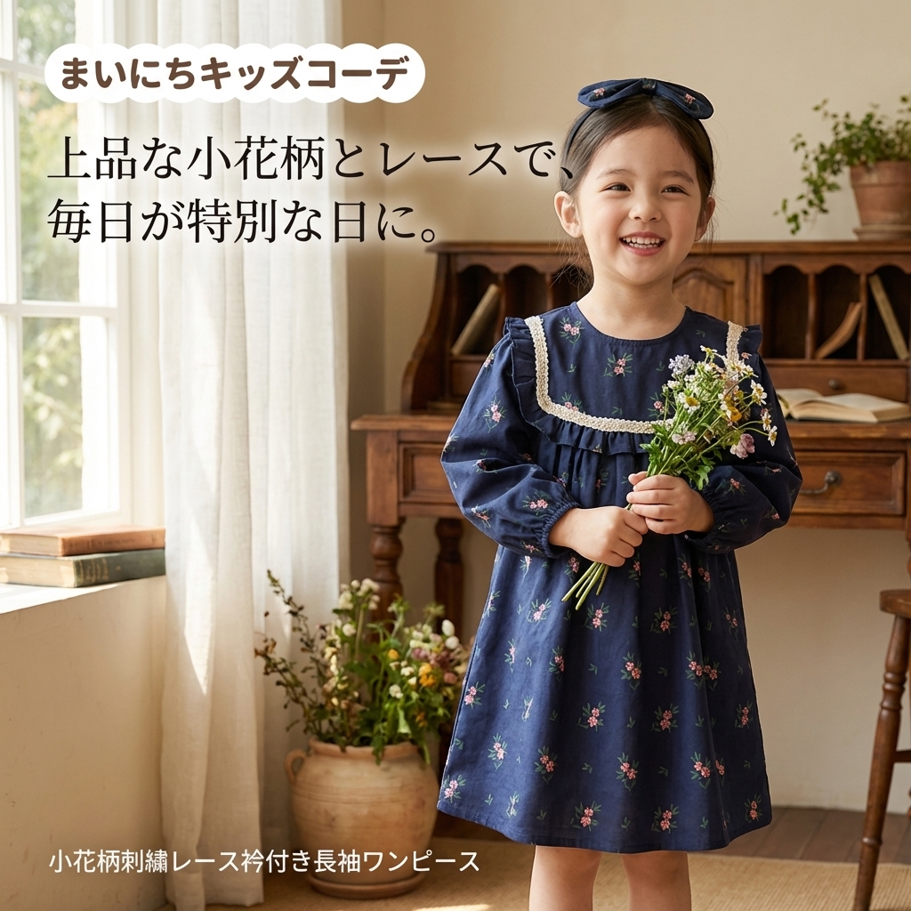 キッズファッション 小花柄刺繍レース衿付き長袖ワンピース - 商品イメージ
