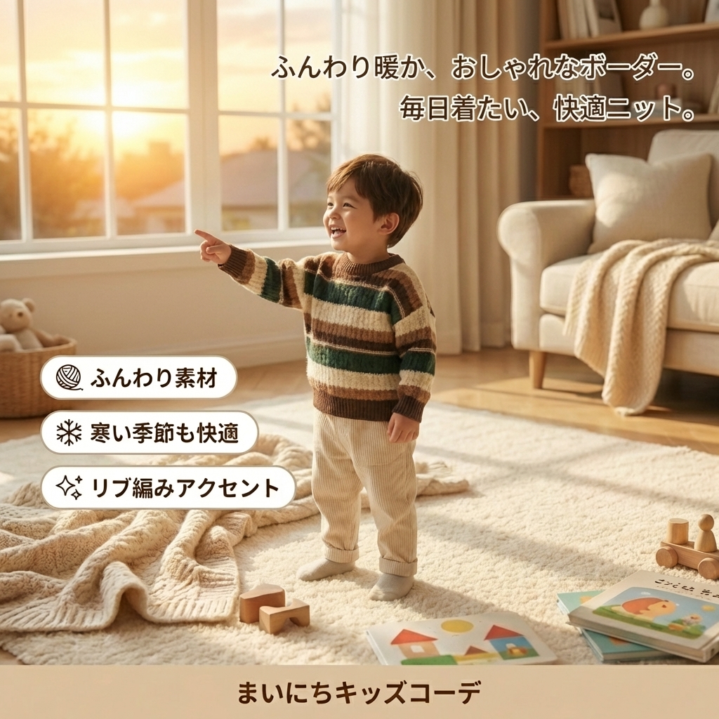 キッズファッション ふんわり暖か多配色ボーダー柄丸首長袖セーター - 商品イメージ