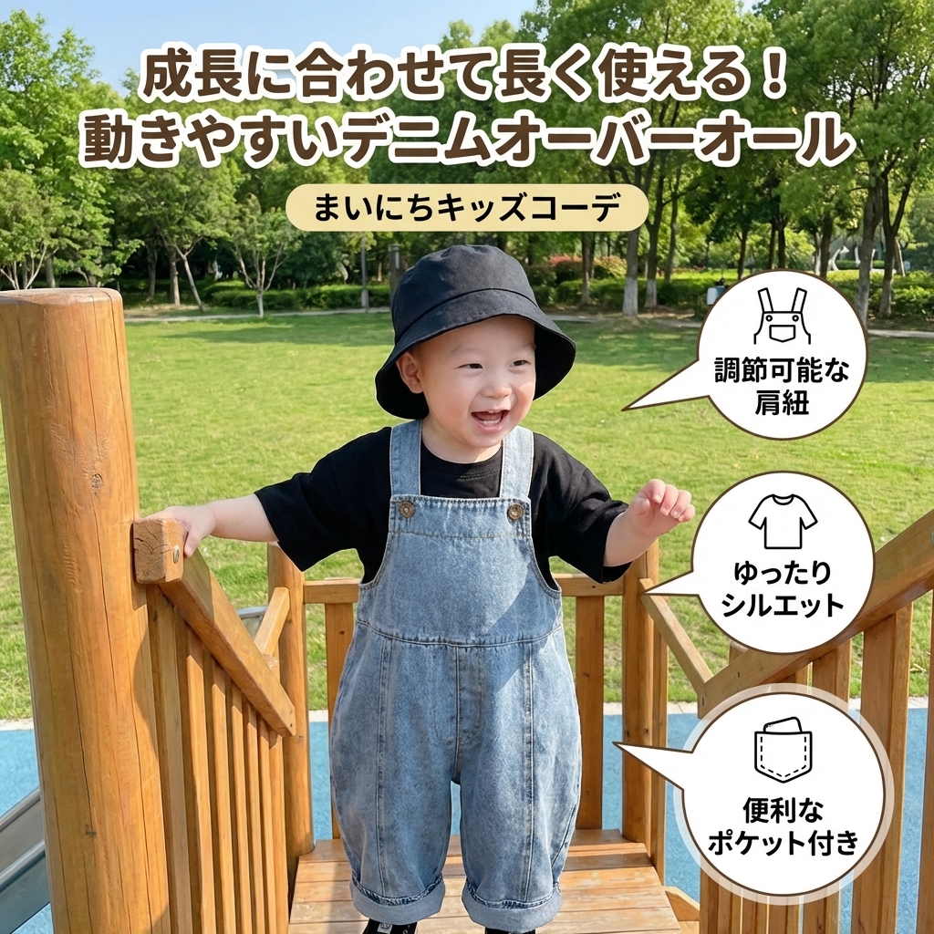 キッズファッション 可愛らしい肩紐付きデニムオーバーオール - 商品イメージ