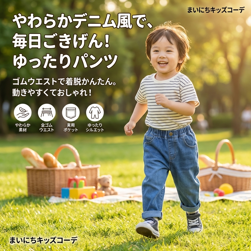 キッズファッション 子供用ゆったりデニム風ゴムウエストパンツ - 商品イメージ