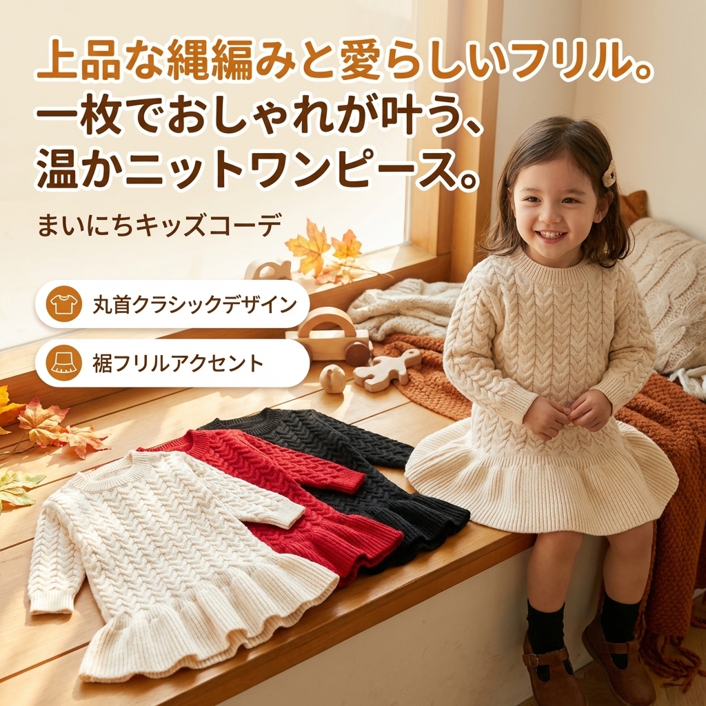 キッズファッション 縄編み模様の長袖ニットワンピース - 商品イメージ