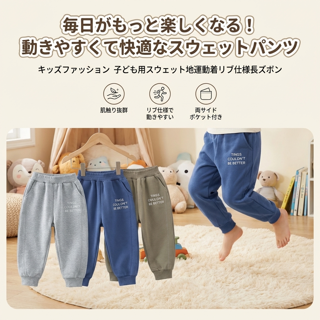 キッズファッション 子ども用スウェット地運動着リブ仕様長ズボン - 商品イメージ