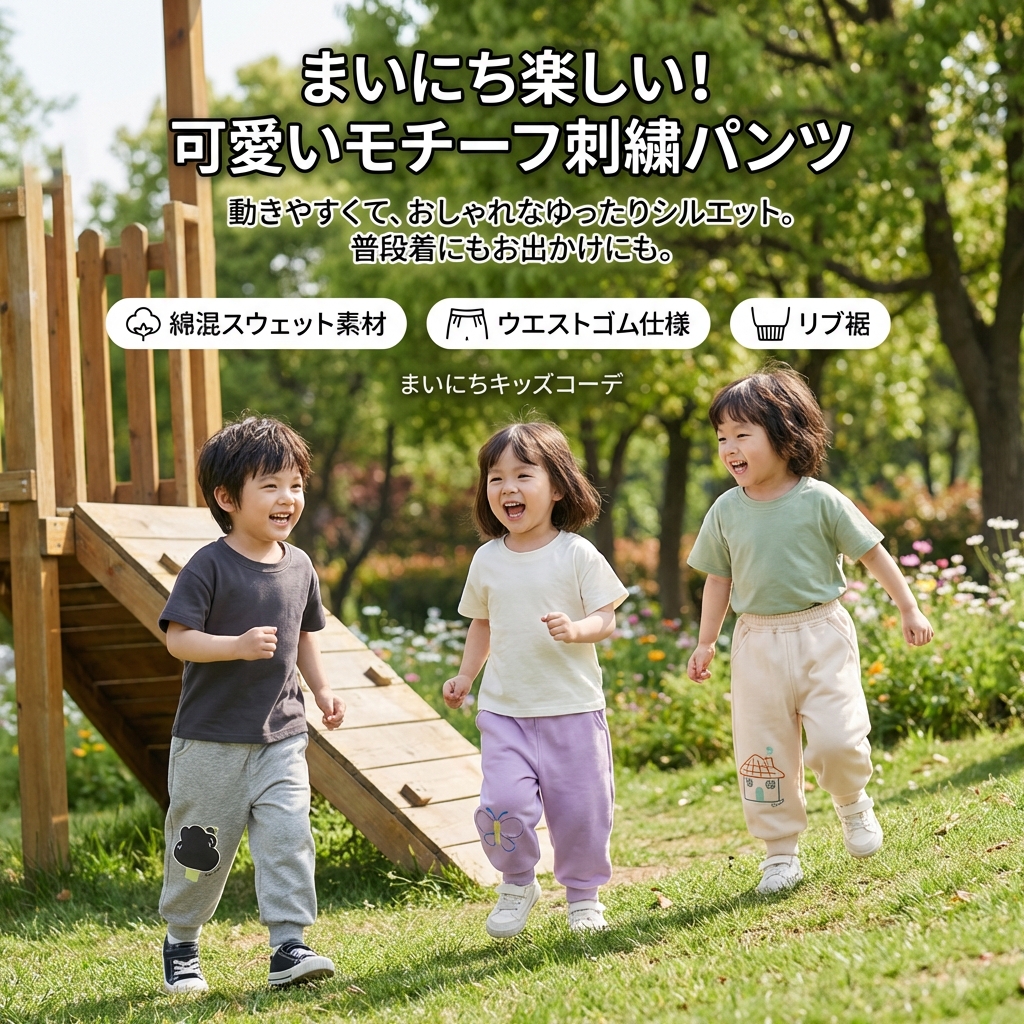 キッズファッション 可愛いモチーフ刺繍入りゆったりスウェットパンツ - カラー展開とコーディネート