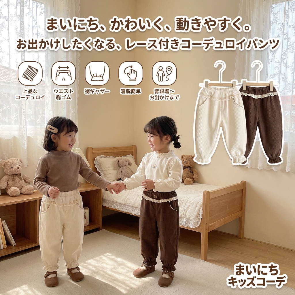 キッズファッション レース付きコーデュロイブルマ風パンツ - 商品イメージ