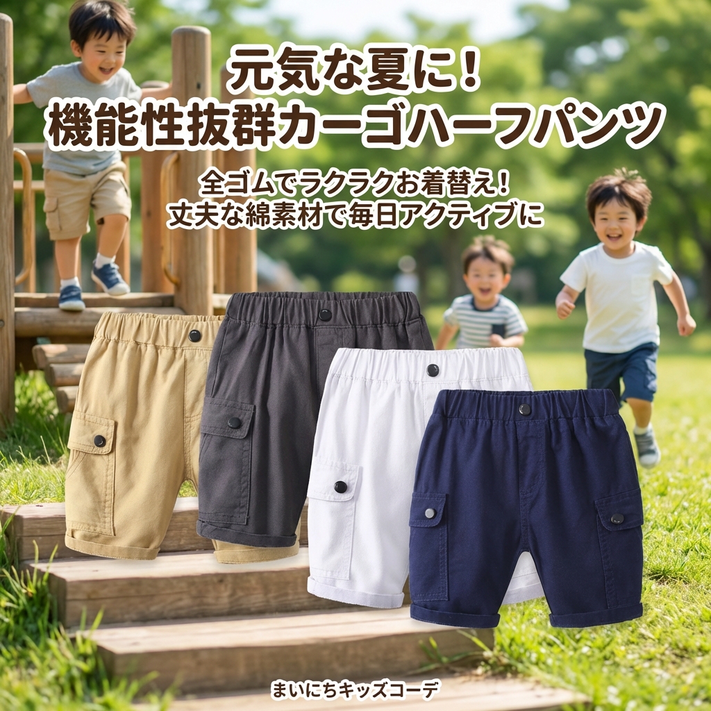 キッズファッション 男の子用カーゴポケット付きハーフパンツ - 商品イメージ