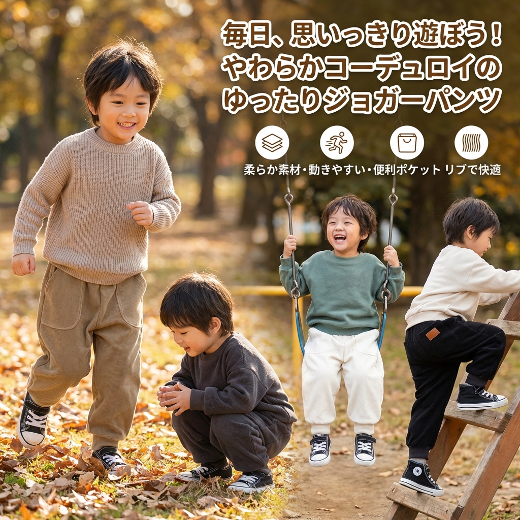 キッズファッション コーデュロイ素材のゆったりジョガーパンツ - 商品イメージ