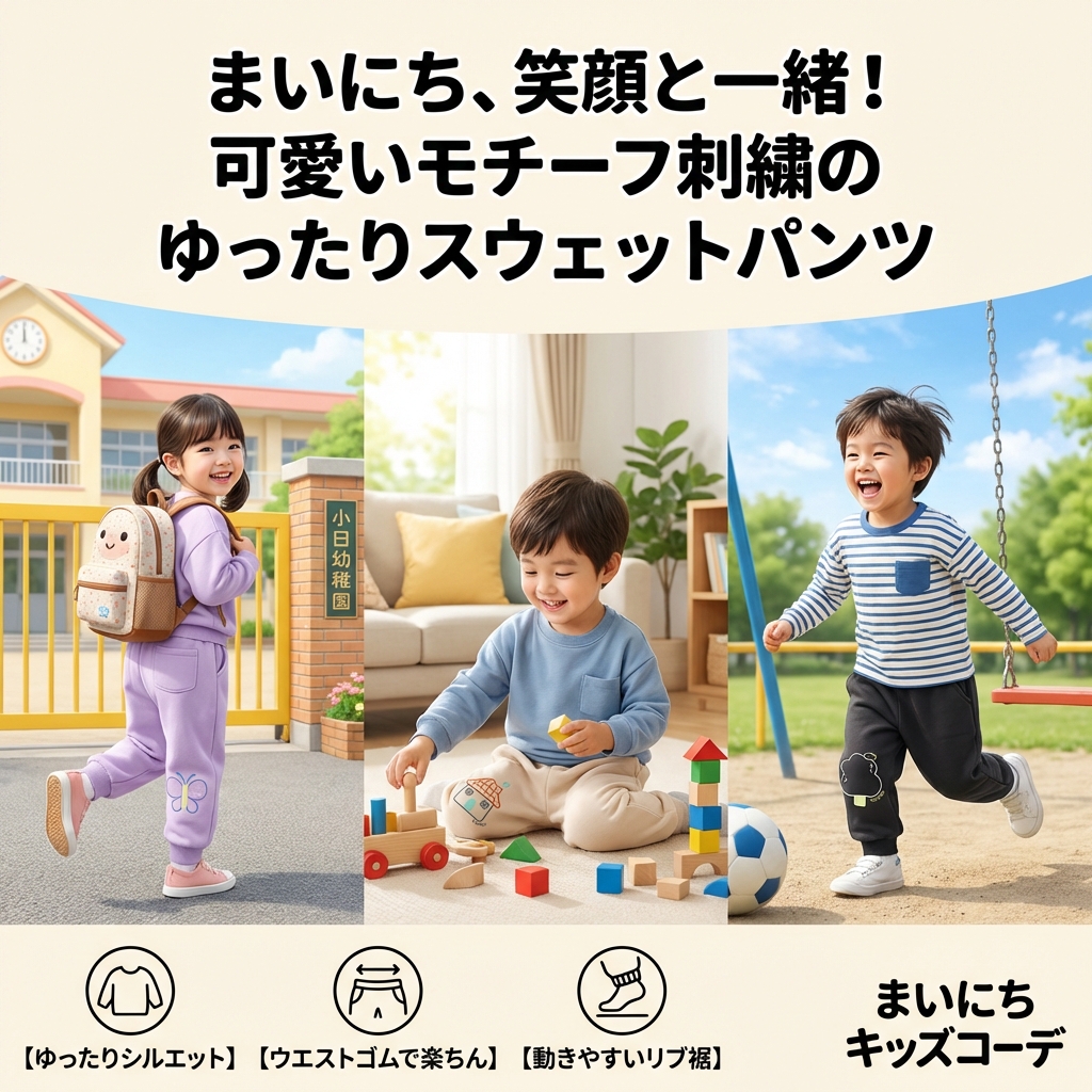 キッズファッション 可愛いモチーフ刺繍入りゆったりスウェットパンツ - 着回しシーンのご提案