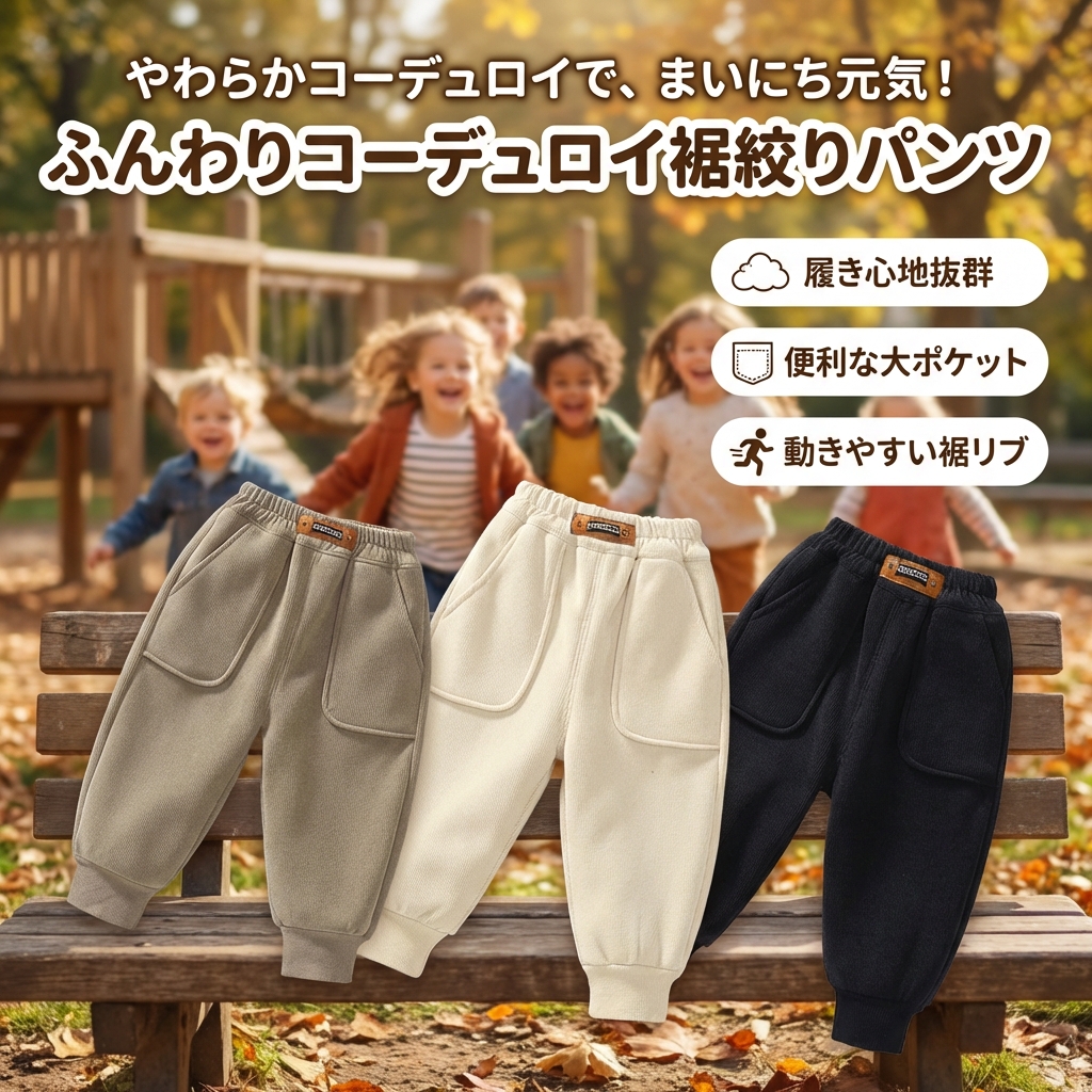 キッズファッション ふんわりコーデュロイ裾絞りポケット付きズボン - 商品イメージ