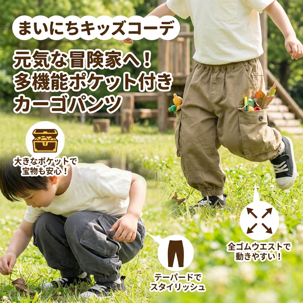 キッズファッション こども多機能ポケット付きカーゴパンツ - 商品イメージ