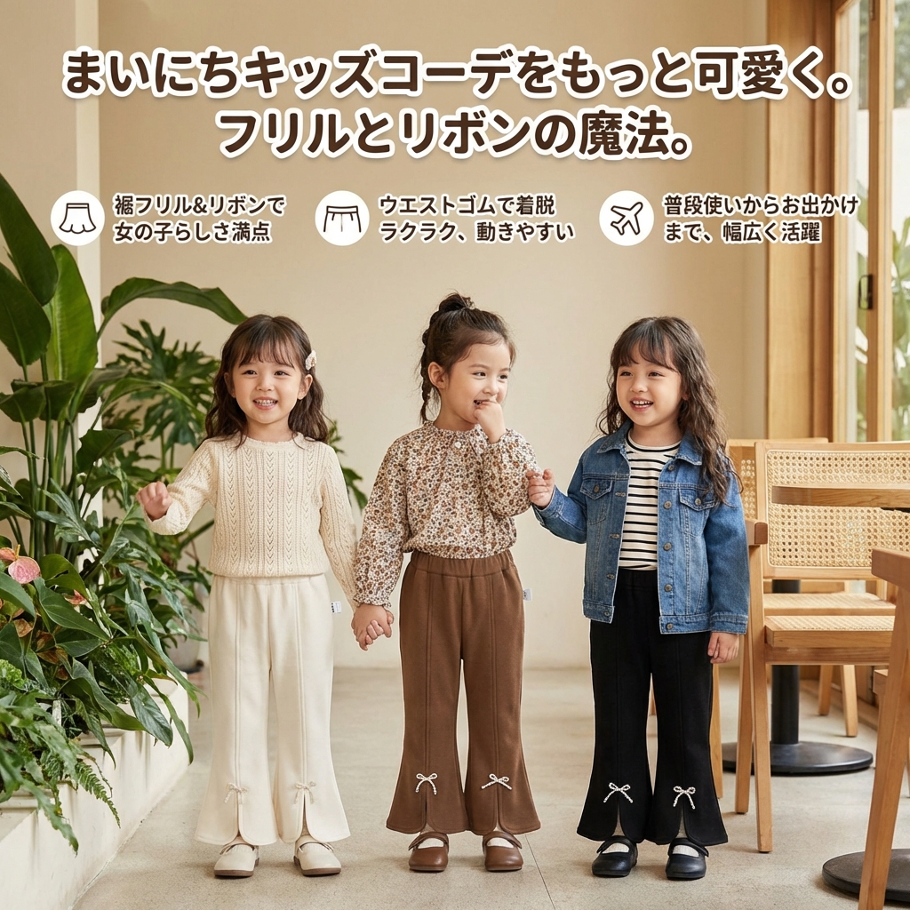 キッズファッション 裾フリル付きリボン飾りこども用フレアパンツ - 商品イメージ