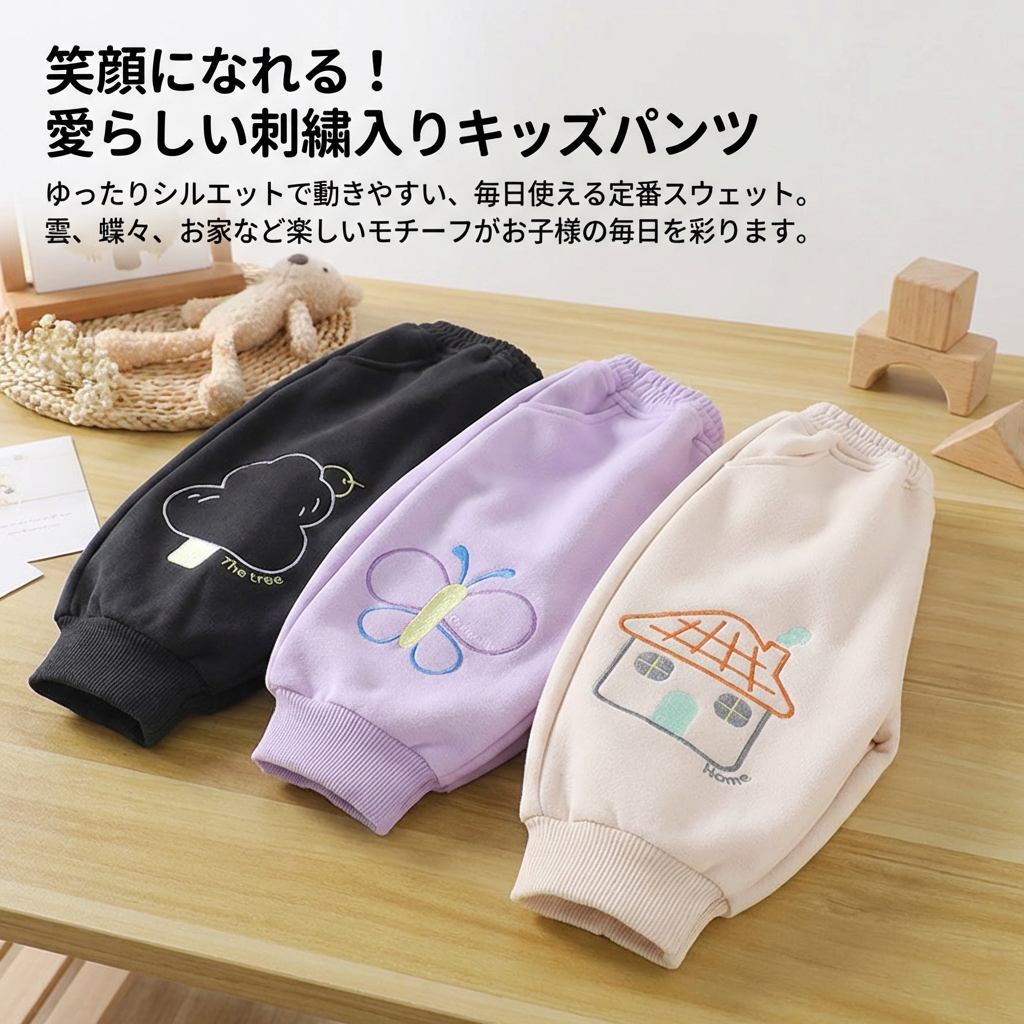 キッズファッション 可愛いモチーフ刺繍入りゆったりスウェットパンツ - デザインの特徴