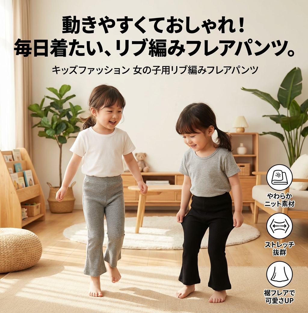 キッズファッション 女の子用リブ編みフレアパンツ - 商品イメージ